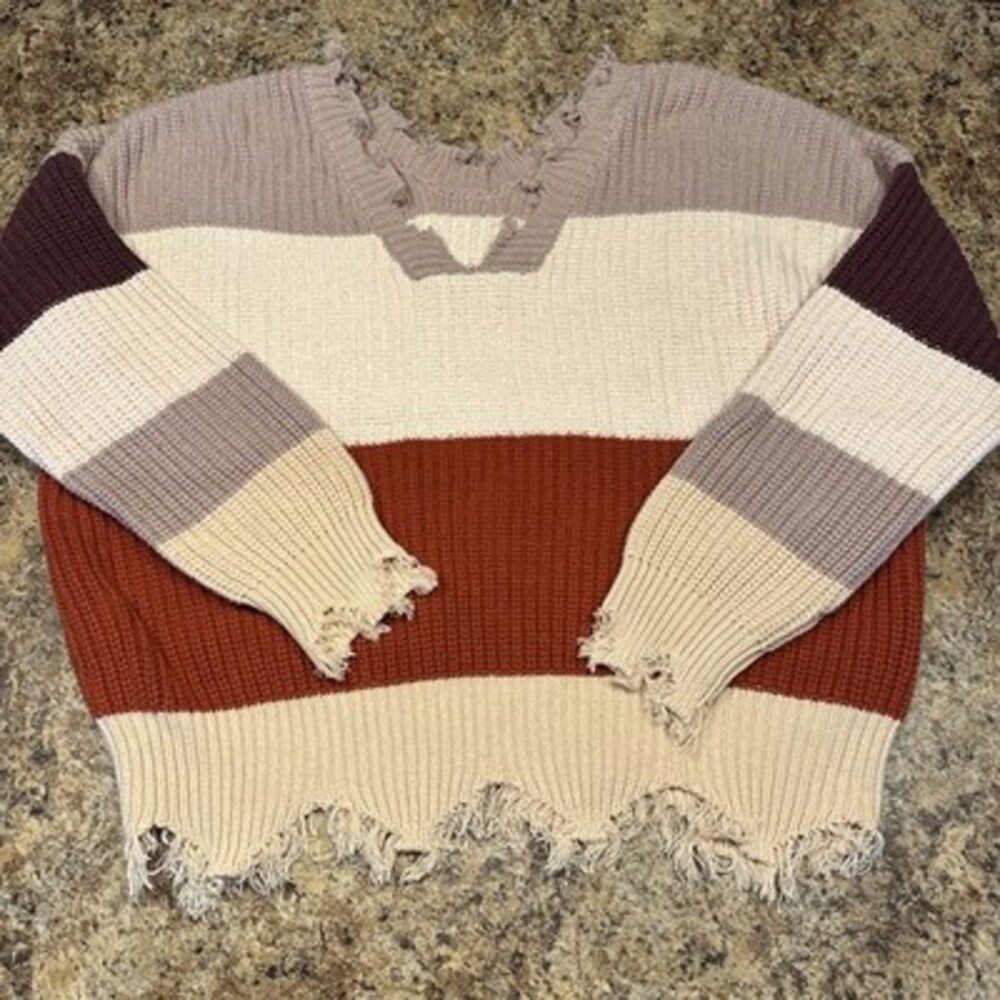 Distressed Frayed Bottom Knit Sweater Multi Color VNeck Pullover Women Sz XL